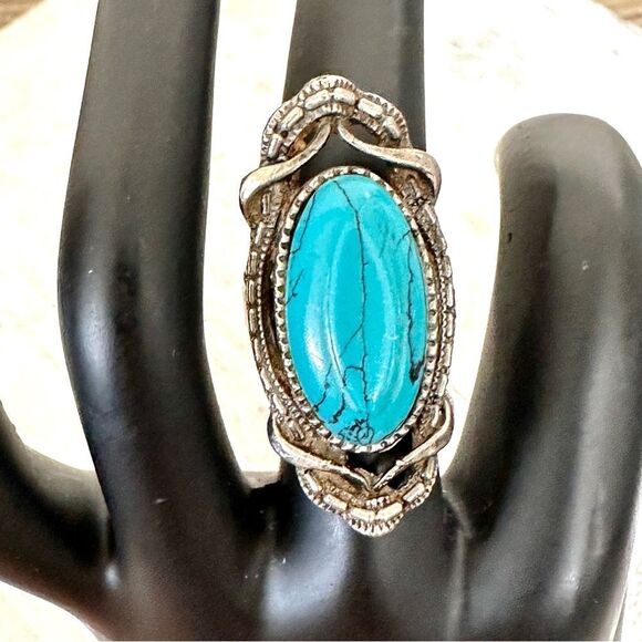 Turquoise tone silver tone adjustable ring - Picture 1 of 11